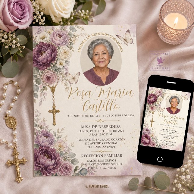 Faire-part de Funérailles Catholiques Fleuris Mauv (plum mauve purple white ivory peonies roses floral rosary beads photo  catholic funeral invitation )