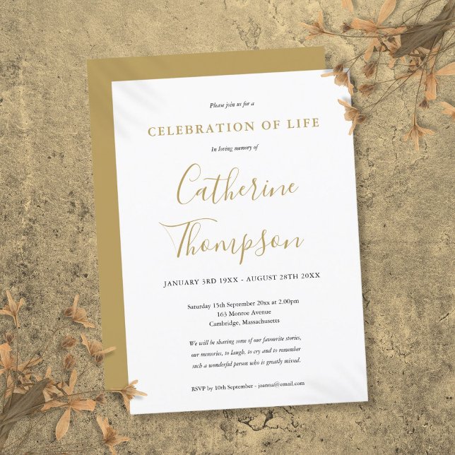 Faire-part de funérailles de célébration de vie en (Gold Script Celebration Of Life Funeral Invitation)