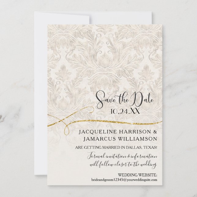 Faire-part de gilded Scroll Damask ivoire or (Devant)