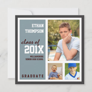 Faire-part de graduation avec 3 photos en acier bl