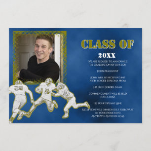Faire-part de graduation de football bleu et or