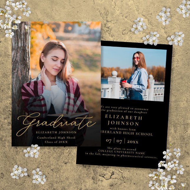Faire-part de graduation du script photo Black Gol (Black Gold Photo Script Graduation Announcement)