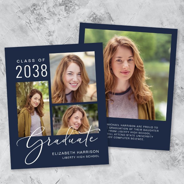 Faire-part de graduation en bleu photo du script b (An elegant photo collage graduation announcement to celebrate the graduate's achievements)