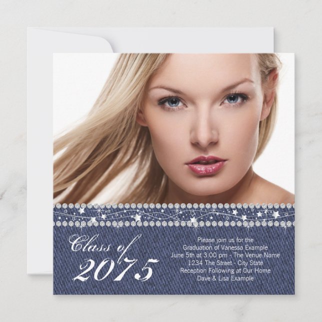 Faire-part de graduation en Denim Bleu et Diamant (Devant)