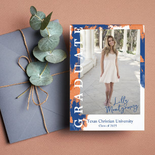 Faire-part de graduation en marbre orange et bleu