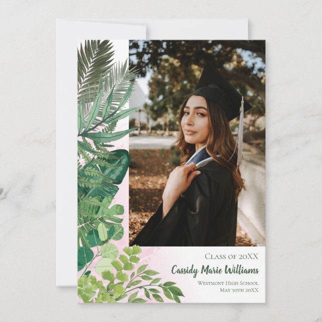 Faire-part de graduation en rose botanique tropica (Devant)