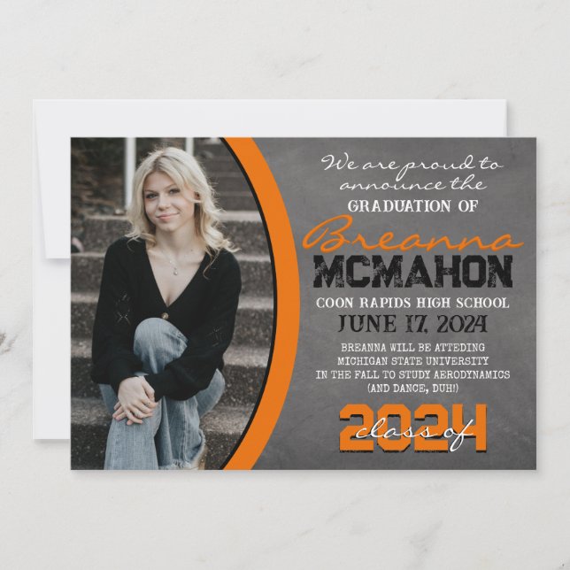 Faire-part de graduation en tableau noir et orange (Devant)