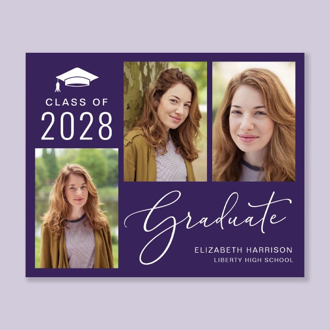 Faire-part de graduation en violet du script budgé (An elegant photo collage graduation announcement to celebrate the graduate's achievements)