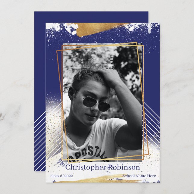 Faire-part de graduation encadrée or et marine (Devant / Derrière)