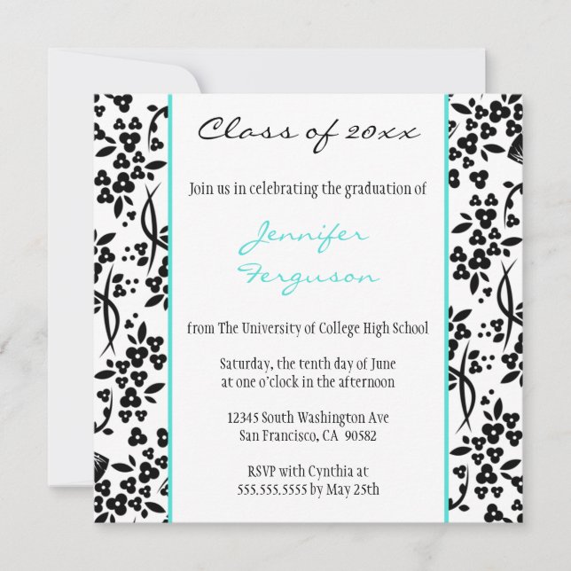 Faire-part de graduation florale d'aqua noir (Devant)