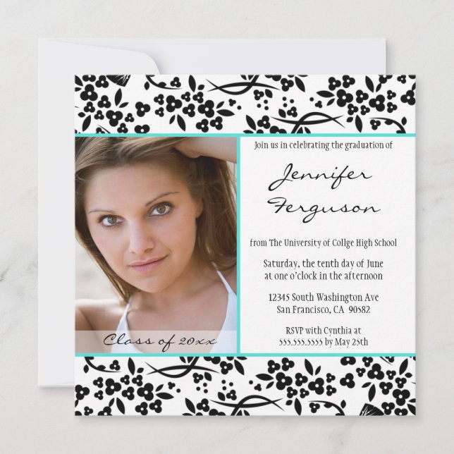 Faire-part de graduation florale d'aqua noir (Devant)