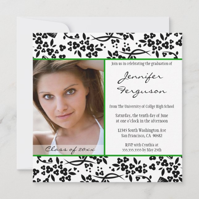 Faire-part de graduation florale verte noire (Devant)