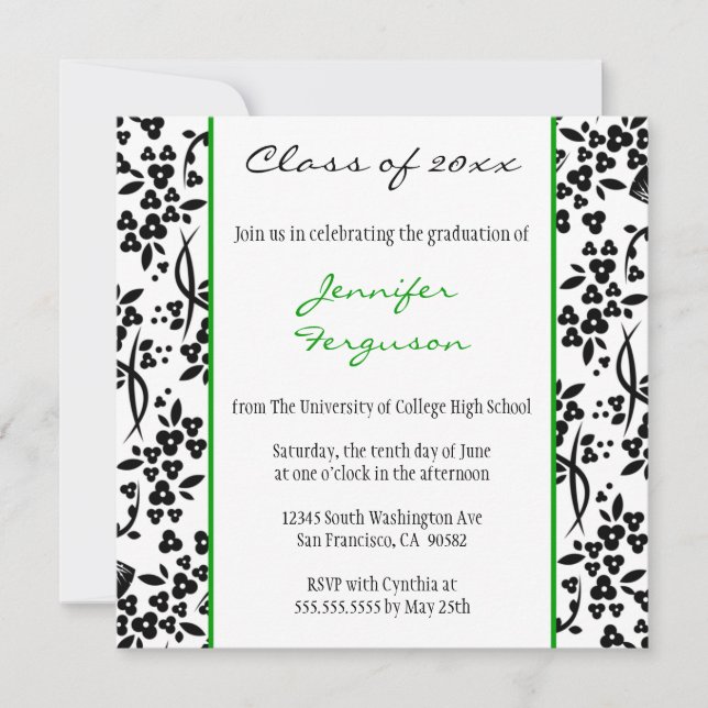 Faire-part de graduation florale verte noire (Devant)