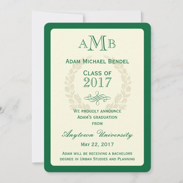 Faire-part de graduation Green Elegant Monogram (Devant)