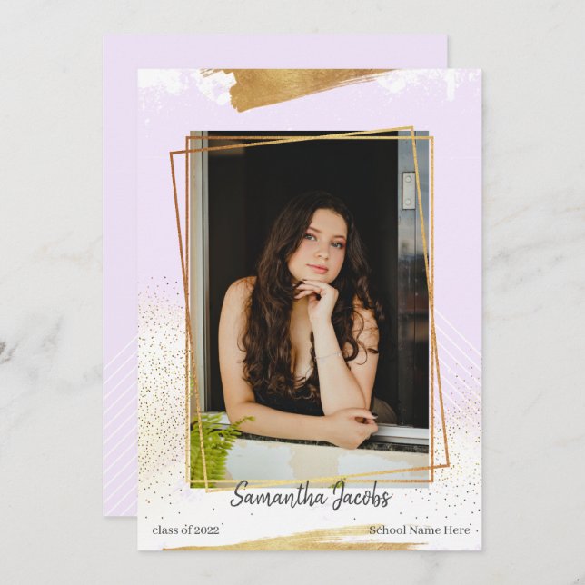 Faire-part de graduation mignonne violet et encadr (Devant / Derrière)
