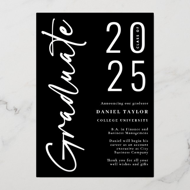 Faire-part de graduation moderne Black Silver 2025 (Recto)