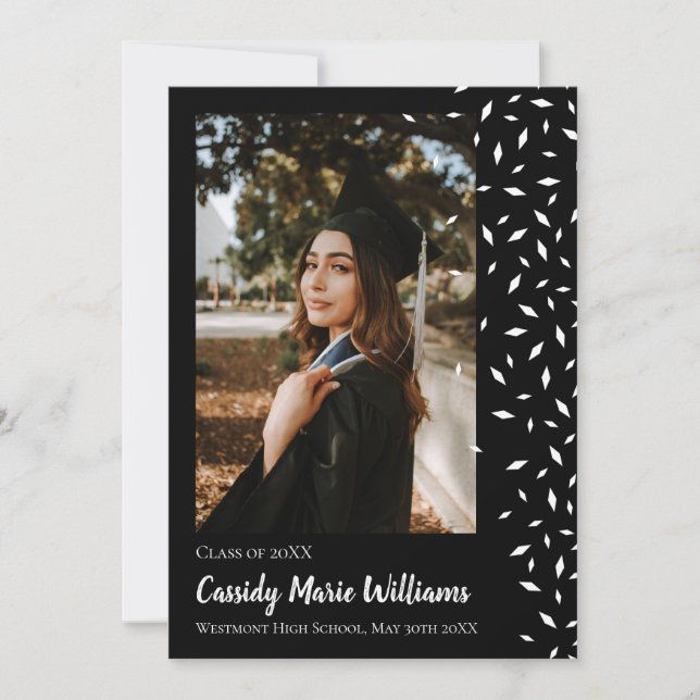 Faire-part de Graduation Noir Blanc Confetti (Devant)