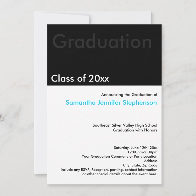 Faire-part de graduation noire minimilast moderne (Devant)