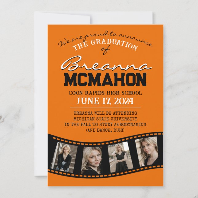 Faire-part de graduation Orange & Black Filmstrip (Devant)
