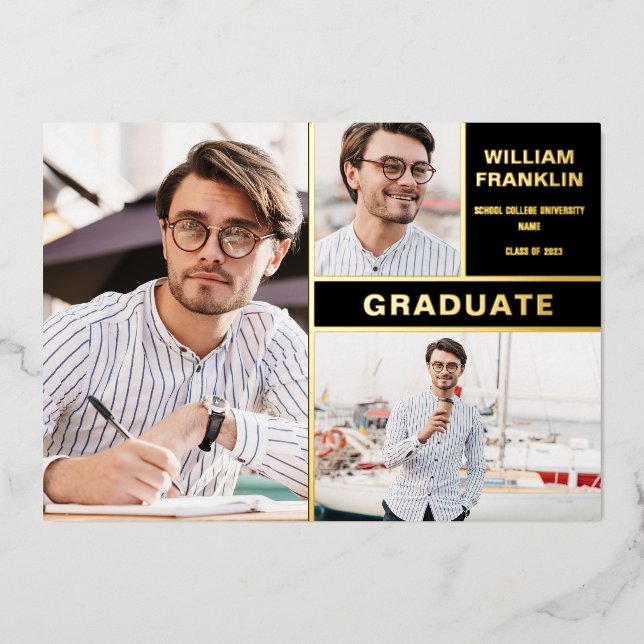 Faire-part de graduation photo Black and Gold Foil (Recto)