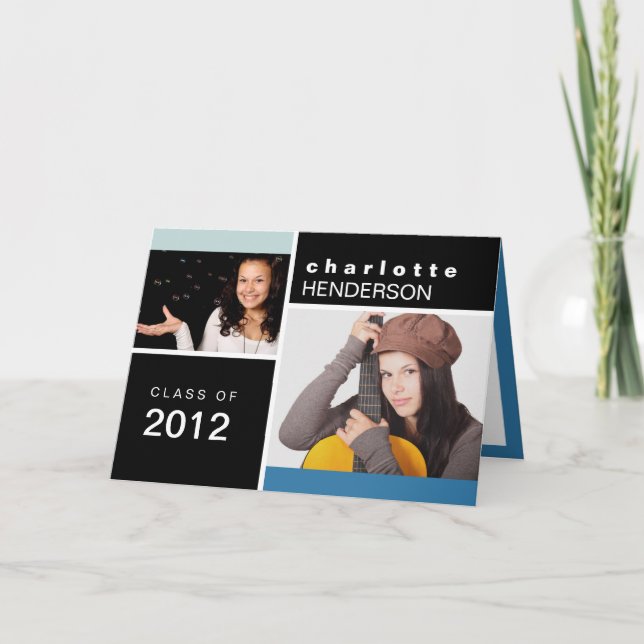 Faire-part de graduation photo couleur bleu noir (Devant)