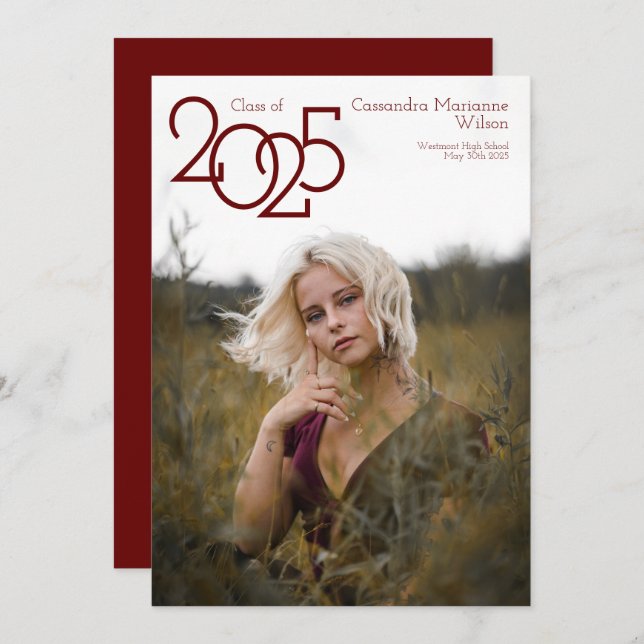 Faire-part de graduation photo Maroon moderne (Devant / Derrière)