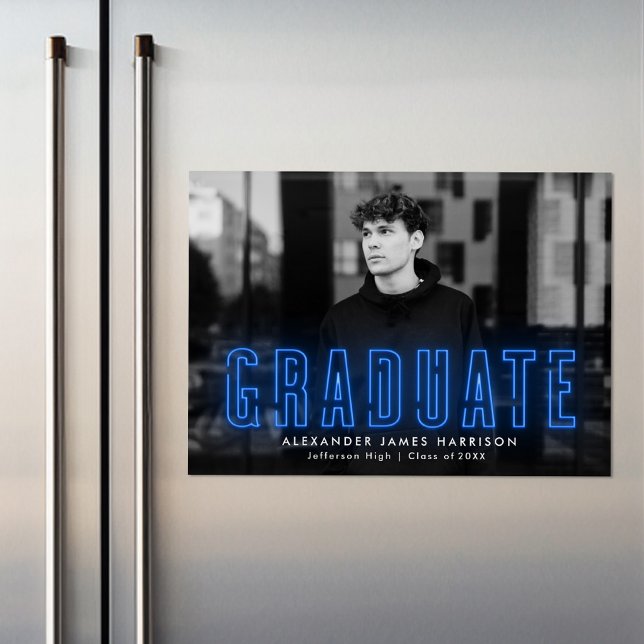 Faire-part de graduation photo moderne Blue Neon (Créateur téléchargé)