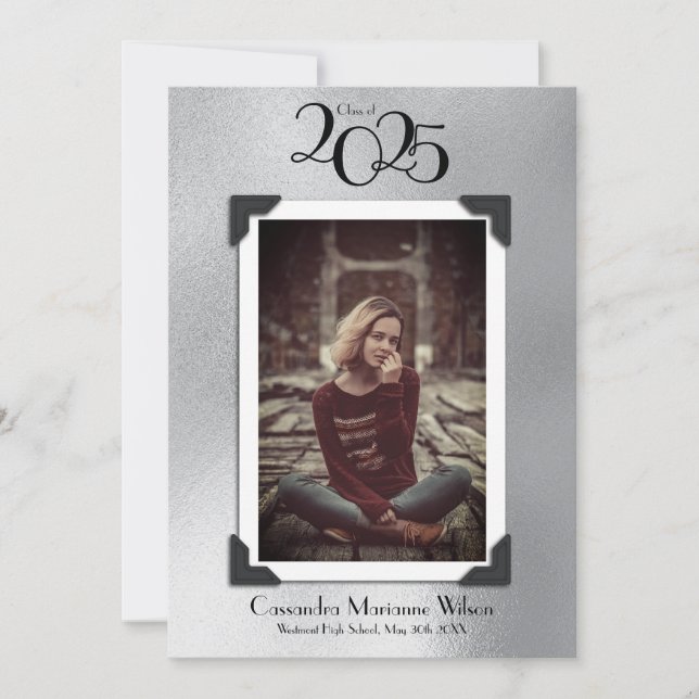 Faire-part de graduation photo vintage Argent (Devant)