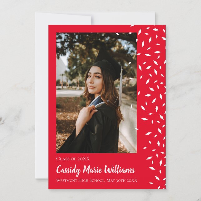 Faire-part de graduation Red Confetti blanc (Devant)