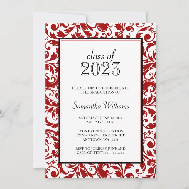Faire-part de graduation Red et Black Swirl Damask (Devant)