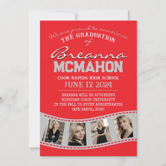 Faire-part de graduation Red & Grey Filmstrip (Devant)