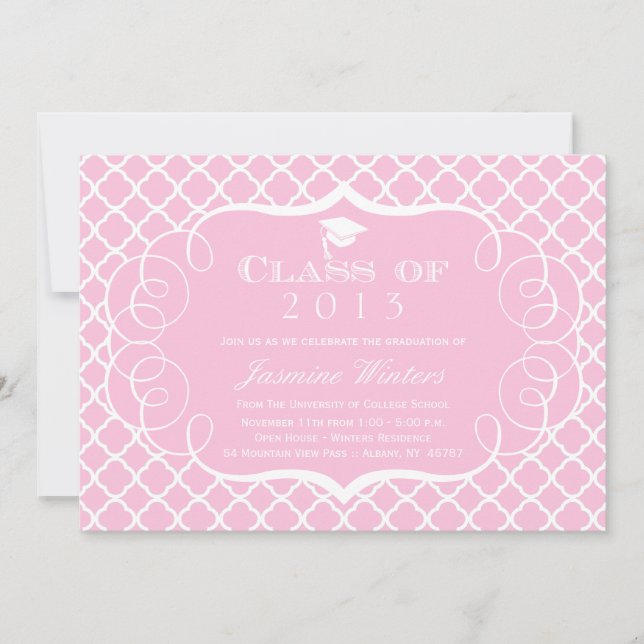 Faire-part de graduation rose + blanc quatrefoil (Devant)