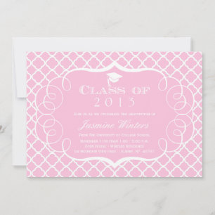 Faire-part de graduation rose + blanc quatrefoil