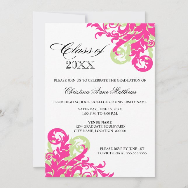 Faire-part de graduation rose verte (Devant)