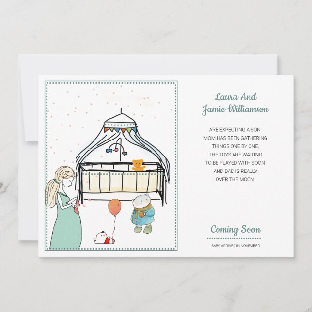 Faire-part de grossesse aquarelle bébé garçon (Devant)