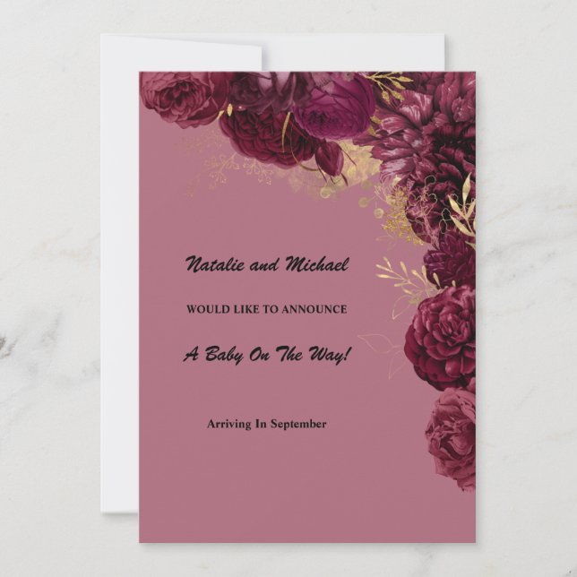 Faire-part De Grossesse Florale Bourgogne Et Or (Devant)