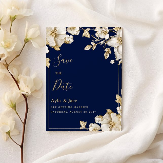 Faire-part de luxe blanc or floral bleu marine Sav (Luxury white gold floral navy blue Save the Date)