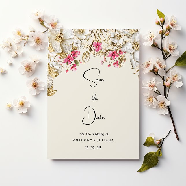 Faire-part de luxe fleurs or rose ivoire Date de s (Luxury ivory pink white gold flowers Save the Date)
