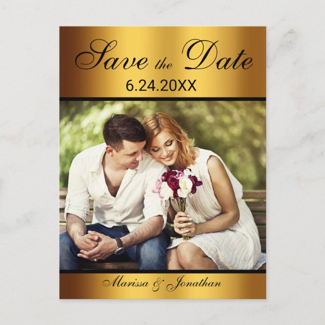 Faire-Part de Luxe Mariage Photo Noir et Or (Devant)