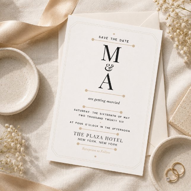 Faire-part de luxe minimal avec monogramme modifia (Elegant Monogram Save The Date on luxurious linen with timeless editorial styling.)