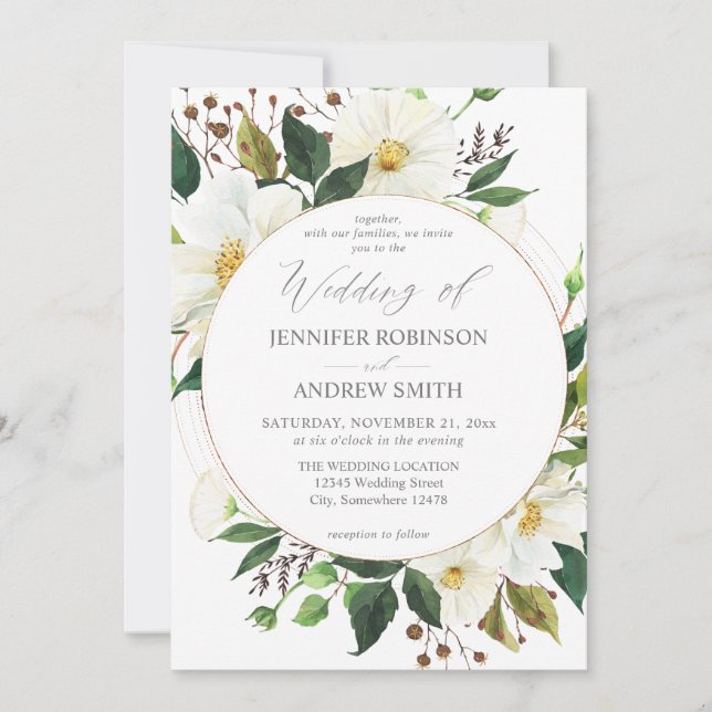 Faire-part de mariage 1 Fleurs blanches et verdure (Devant)