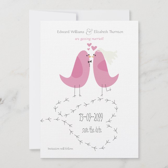Faire-part de mariage 2 oiseaux roses pour la date (Devant)