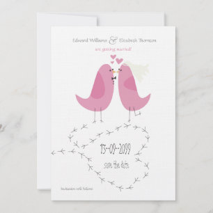 Faire-part de mariage 2 oiseaux roses pour la date