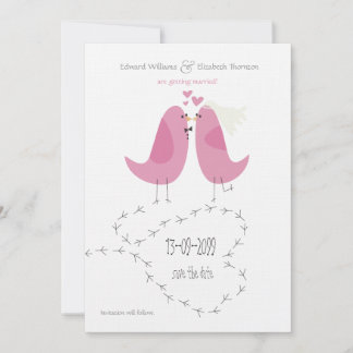 Faire-part de mariage 2 oiseaux roses pour la date