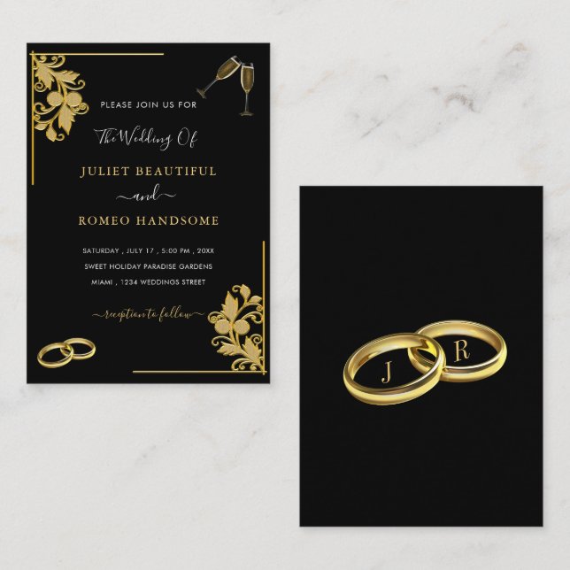 Faire-part de mariage à anneaux - Champagne à cadr (Devant / Derrière)