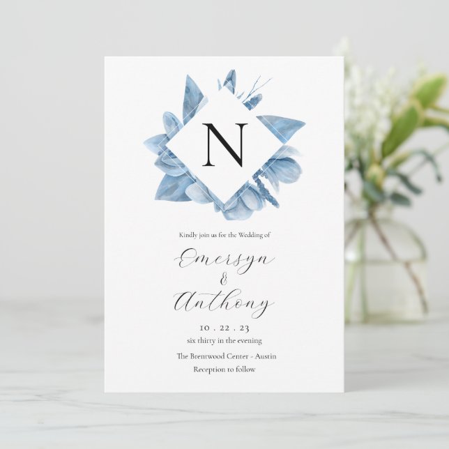 Faire-part de mariage à aquarelle florale bleue Mo (Debout devant)