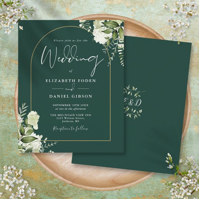 Faire-part de mariage à arch floral émeraude doré  (Budget Emerald Floral Gold Arch Wedding Invite)