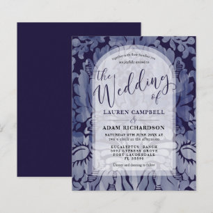 Faire-part de mariage à arche en damas bleu marine