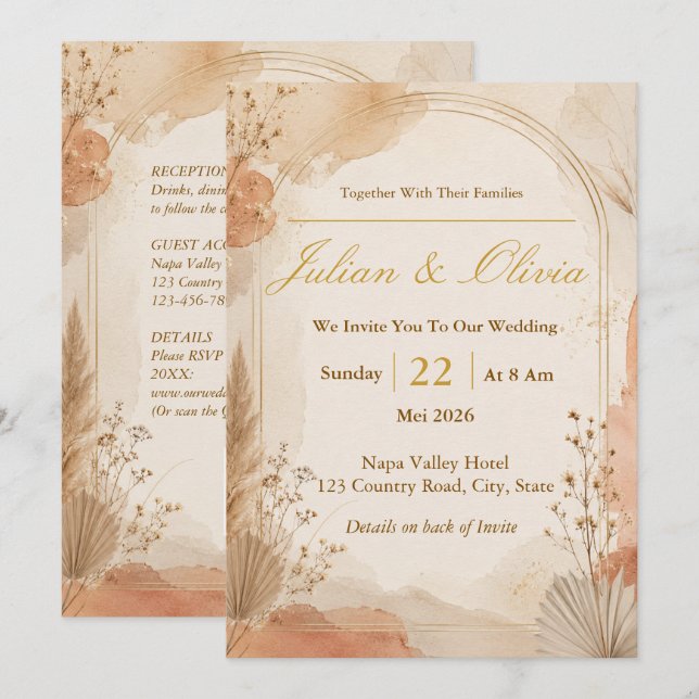Faire-part de mariage à arche en terre cuite et or (Devant / Derrière)