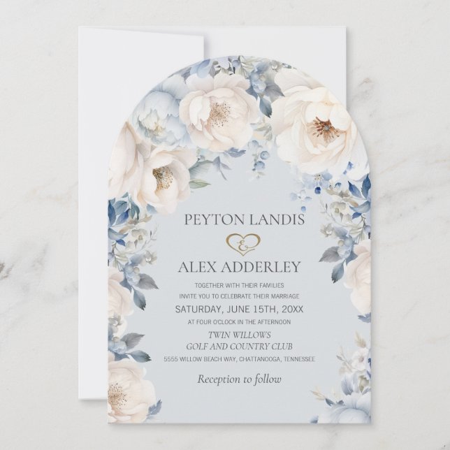 Faire-part de mariage à arche florale bleu poussié (Devant)